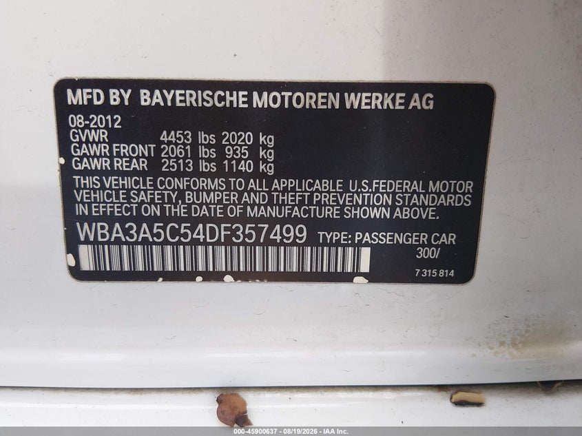 BMW 328I 2013 VIN WBA3A5C54DF357499