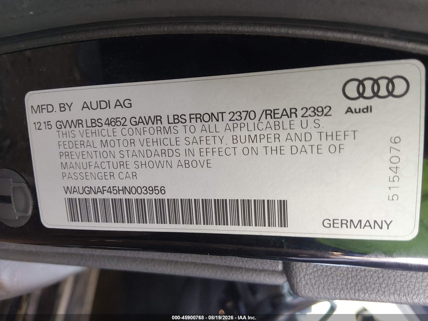 AUDI A4 2017 VIN WAUGNAF45HN003956
