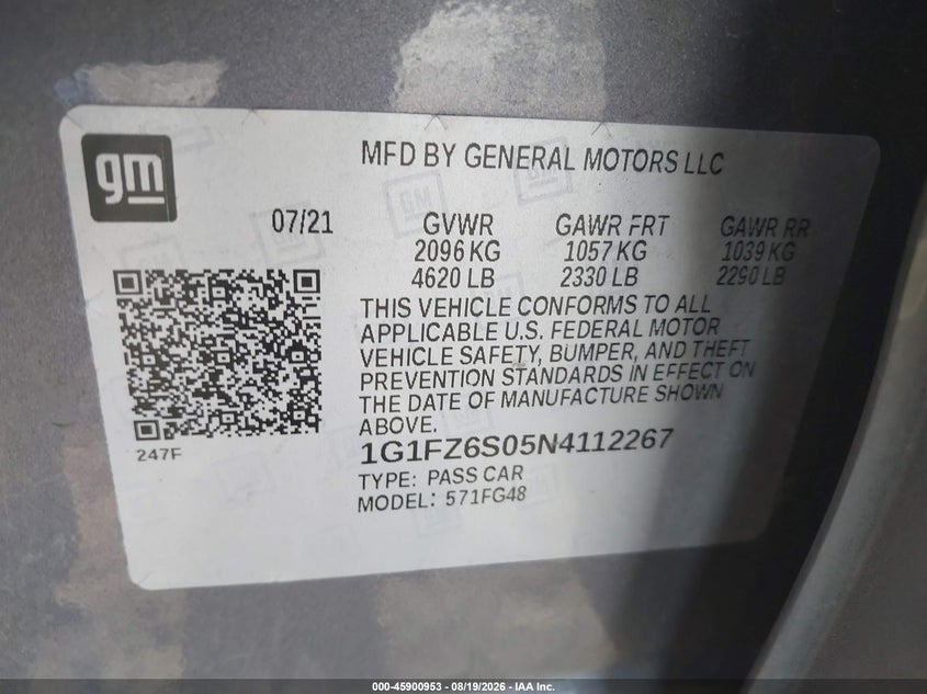 CHEVROLET BOLT EUV 2022 VIN 1G1FZ6S05N4112267
