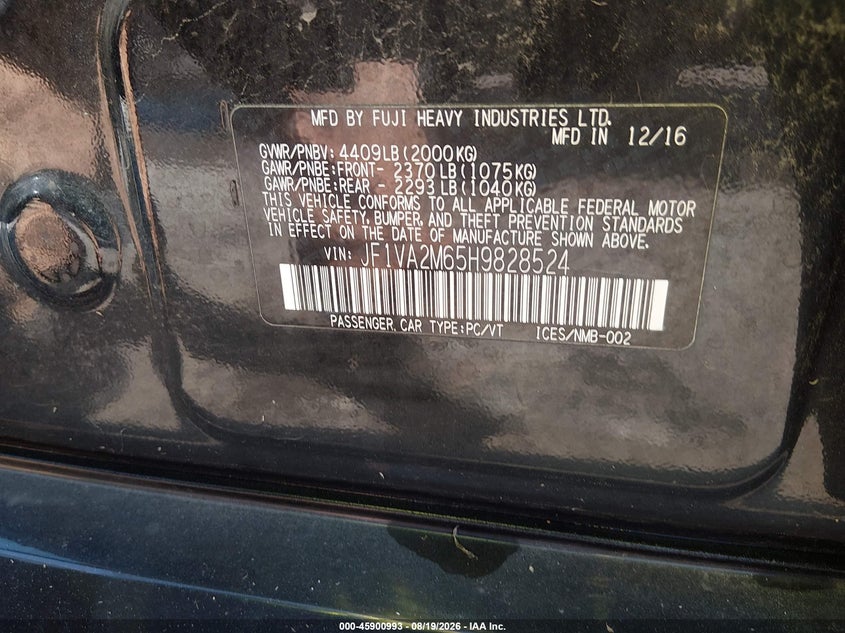 SUBARU WRX STI 2017 VIN JF1VA2M65H9828524