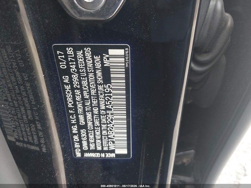 PORSCHE CAYENNE 2017 VIN WP1AB2A29HLA52195