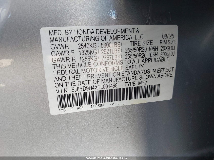 ACURA MDX 2026 VIN 5J8YD9H4XTL001468