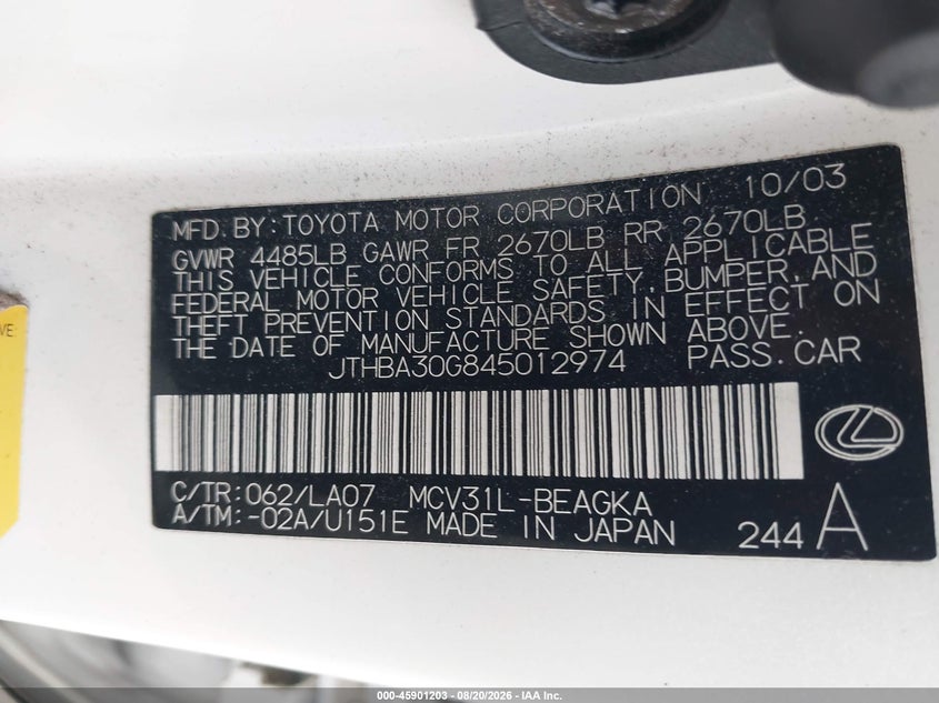 LEXUS ES 330 2004 VIN JTHBA30G845012974