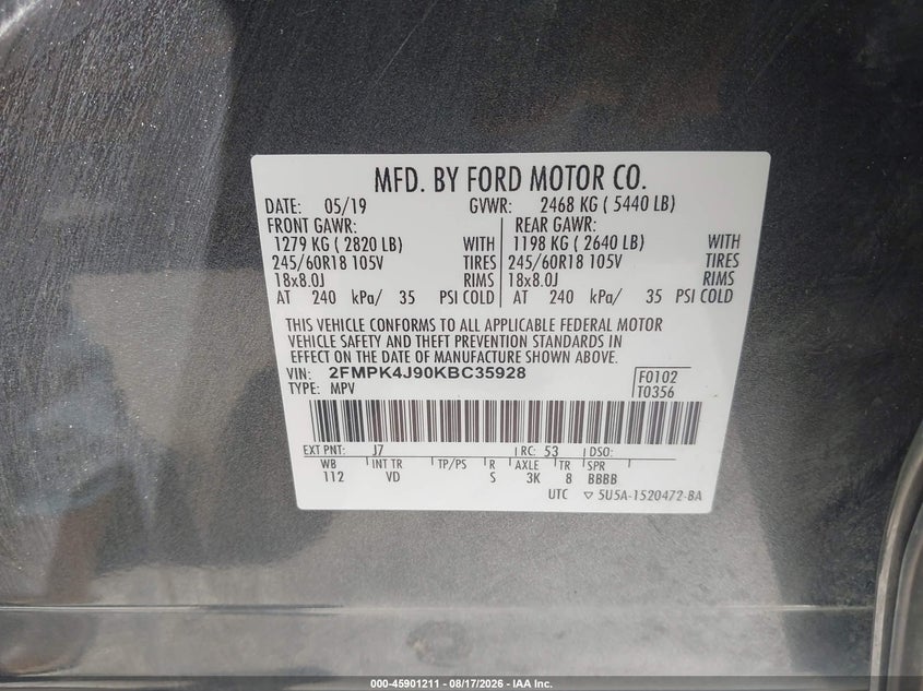 FORD EDGE 2019 VIN 2FMPK4J90KBC35928