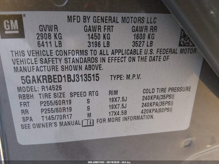 BUICK ENCLAVE 2011 VIN 5GAKRBED1BJ313515