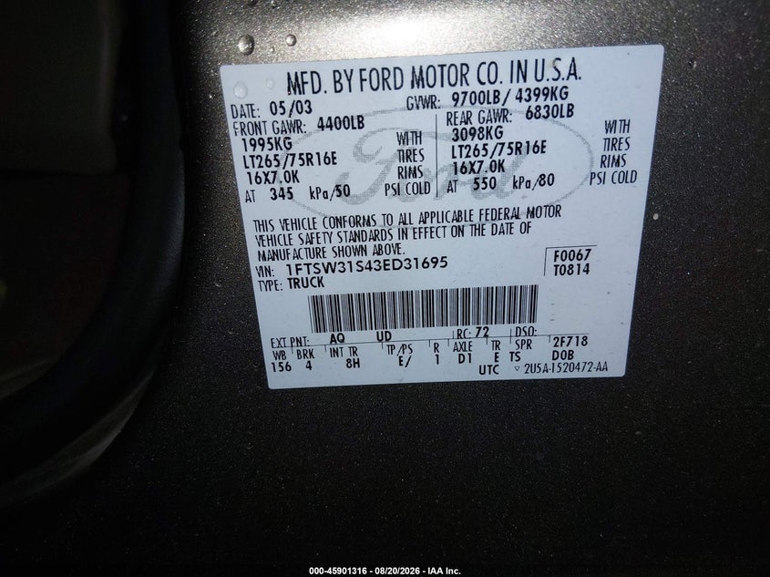 FORD F-350 2003 VIN 1FTSW31S43ED31695