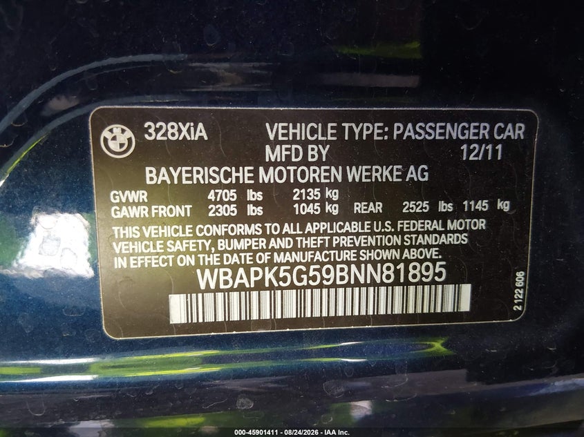 2011 BMW 3ER SEDAN 3.0L I-6 DOHC, VVT, 230HP