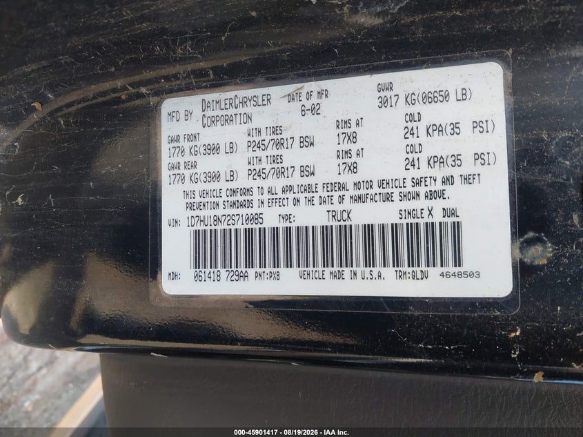 2002 DODGE RAM TRUCK 4.7L V-8 240HP