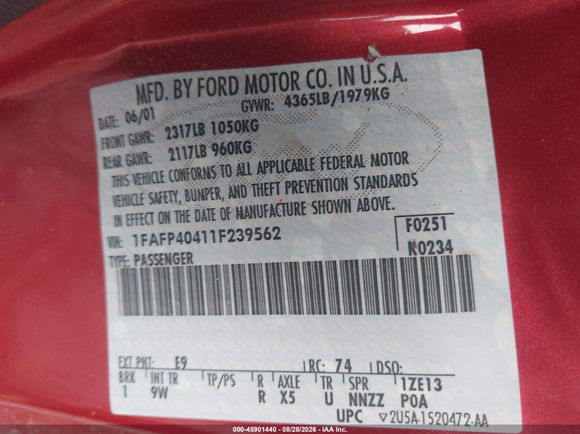 2001 FORD MUSTANG COUPE 3.8L V-6 193HP