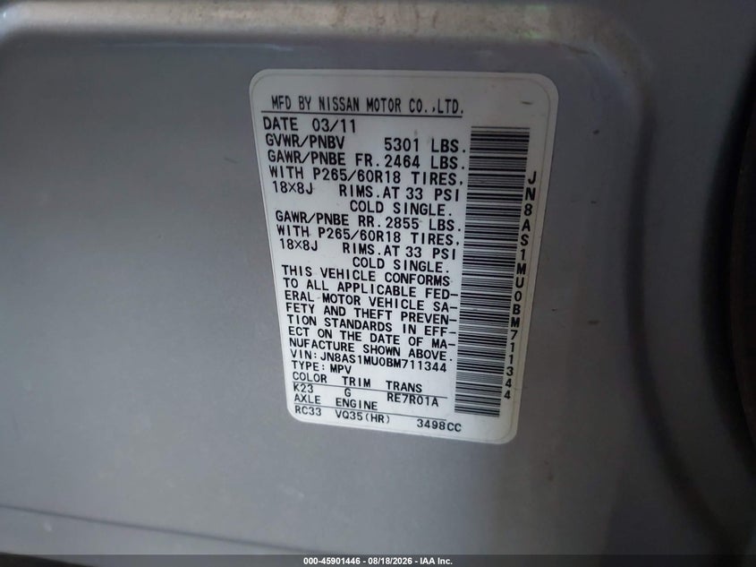 INFINITI FX35 2011 VIN JN8AS1MU0BM711344