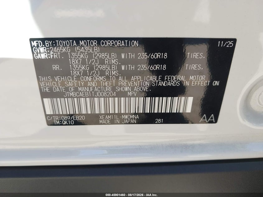 TOYOTA BZ 2026 VIN JTMBCAEB1TJ008204