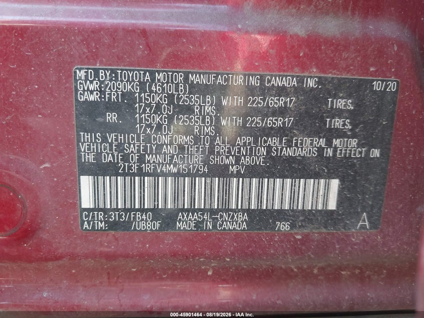 2021 TOYOTA RAV 4 SPORT UTILITY VEHICLE 2.5L I-4 DI, DOHC, VVT, 203HP