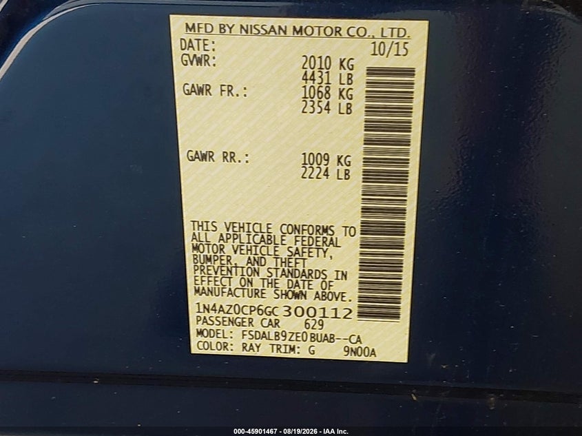 NISSAN LEAF 2016 VIN 1N4AZ0CP6GC300112
