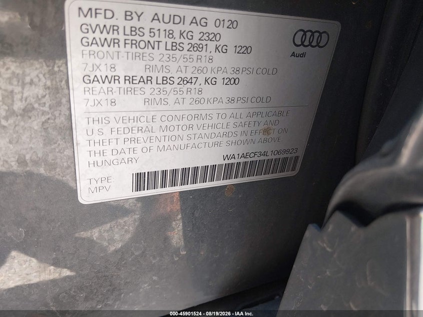 AUDI Q3 2020 VIN WA1AECF34L1069923