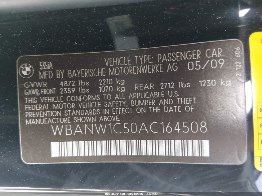 BMW 535I 2010 VIN WBANW1C50AC164508
