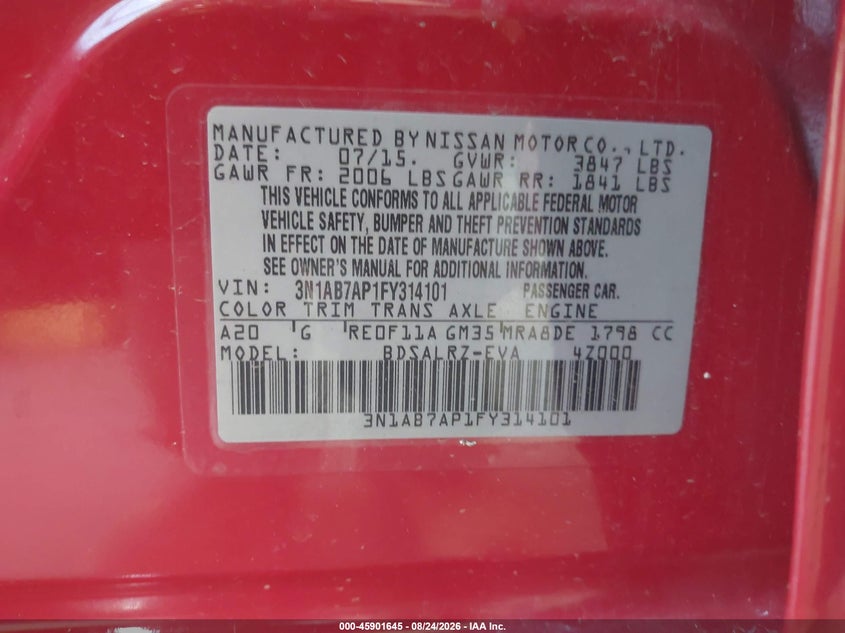 2015 NISSAN SENTRA SEDAN 1.8L I-4 DOHC, VVT, 124HP