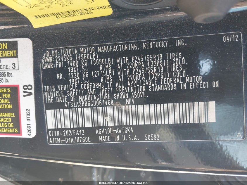 2012 TOYOTA VENZA SPORT UTILITY VEHICLE 2.7L I-4 DOHC, VVT, 182HP