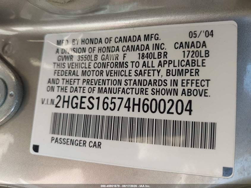 2004 HONDA CIVIC SEDAN 1.7L I-4 115HP