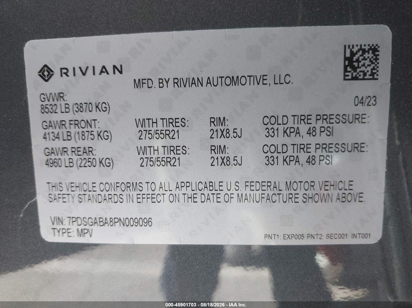 RIVIAN R1S 2023 VIN 7PDSGABA8PN009096