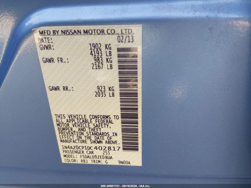 NISSAN LEAF 2013 VIN 1N4AZ0CP1DC402817