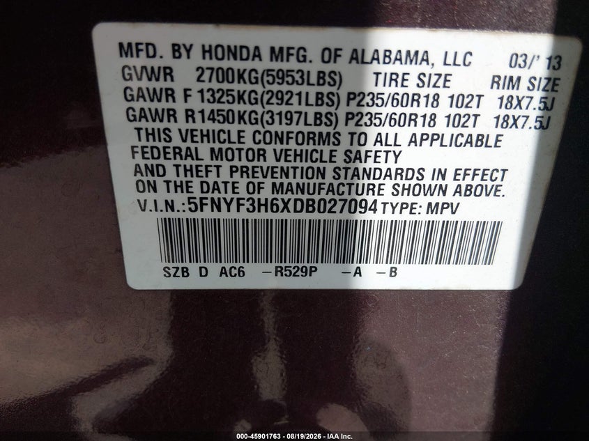 HONDA PILOT 2013 VIN 5FNYF3H6XDB027094