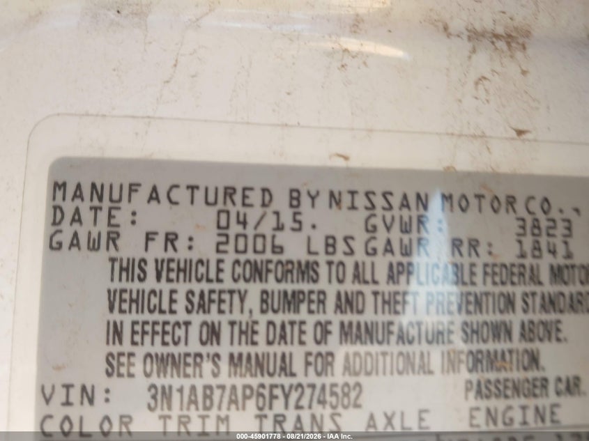 NISSAN SENTRA 2015 VIN 3N1AB7AP6FY274582