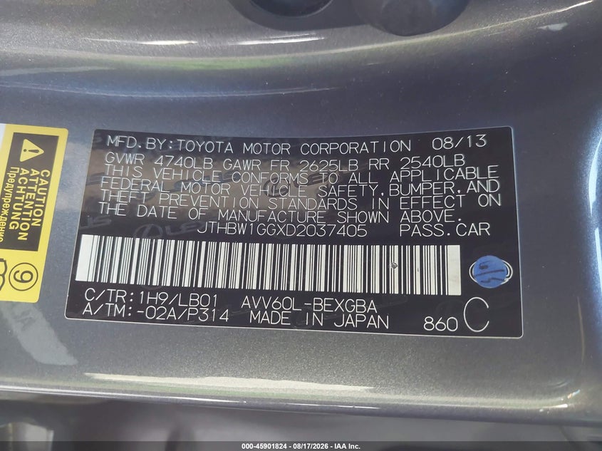2013 LEXUS ES SEDAN 2.5L I-4 DOHC, VVT, 156HP