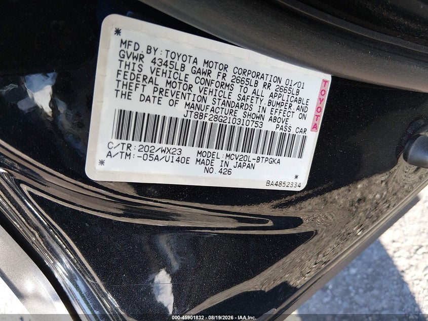 2001 LEXUS ES SEDAN 3.0L V-6 DOHC, VVT, 210HP