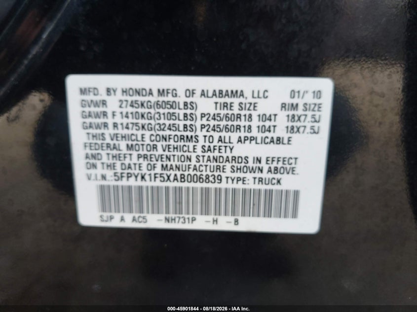 HONDA RIDGELINE 2010 VIN 5FPYK1F5XAB006839