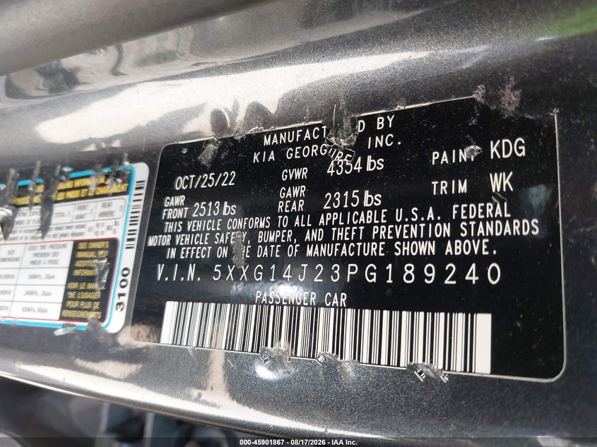 KIA K5 2023 VIN 5XXG14J23PG189240
