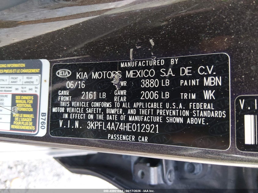 KIA FORTE 2017 VIN 3KPFL4A74HE012921