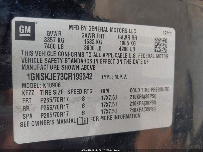 CHEVROLET SUBURBAN 2012 VIN 1GNSKJE73CR199342