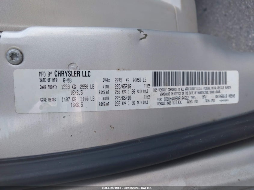 DODGE GRAND CARAVAN 2008 VIN 1D8HN44H98B184612