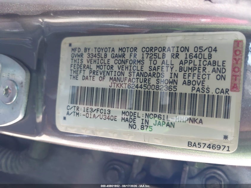 2005 SCION XA SEDAN 1.5L I-4 DOHC, VVT, 108HP