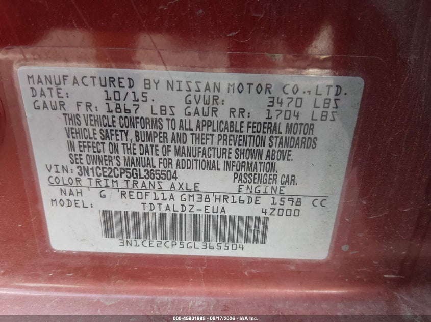 2016 NISSAN VERSA HATCHBACK 1.6L I-4 DOHC, VVT, 109HP