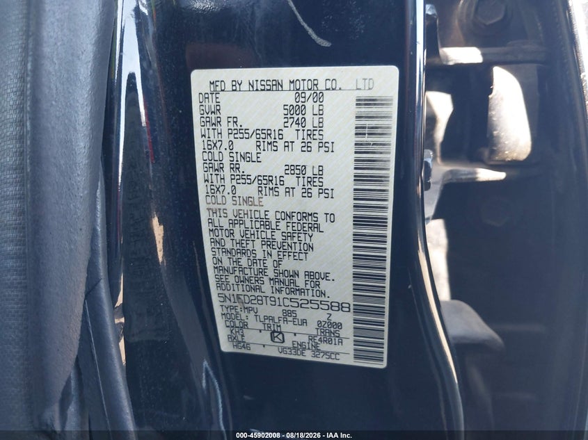 NISSAN XTERRA 2001 VIN 5N1ED28T91C525588