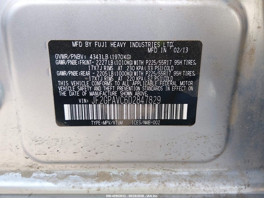SUBARU XV CROSSTREK 2013 VIN JF2GPAVC6D2847829