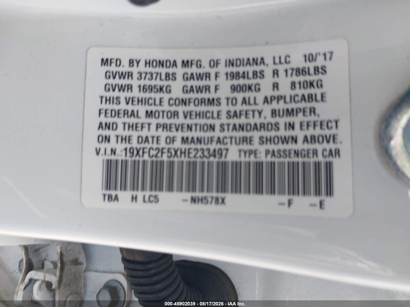 2017 HONDA CIVIC SEDAN 2.0L I-4 DOHC, VVT, 158HP