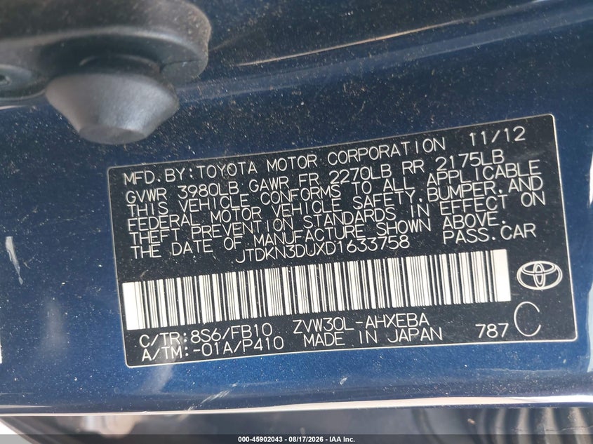 TOYOTA PRIUS 2013 VIN JTDKN3DUXD1633758
