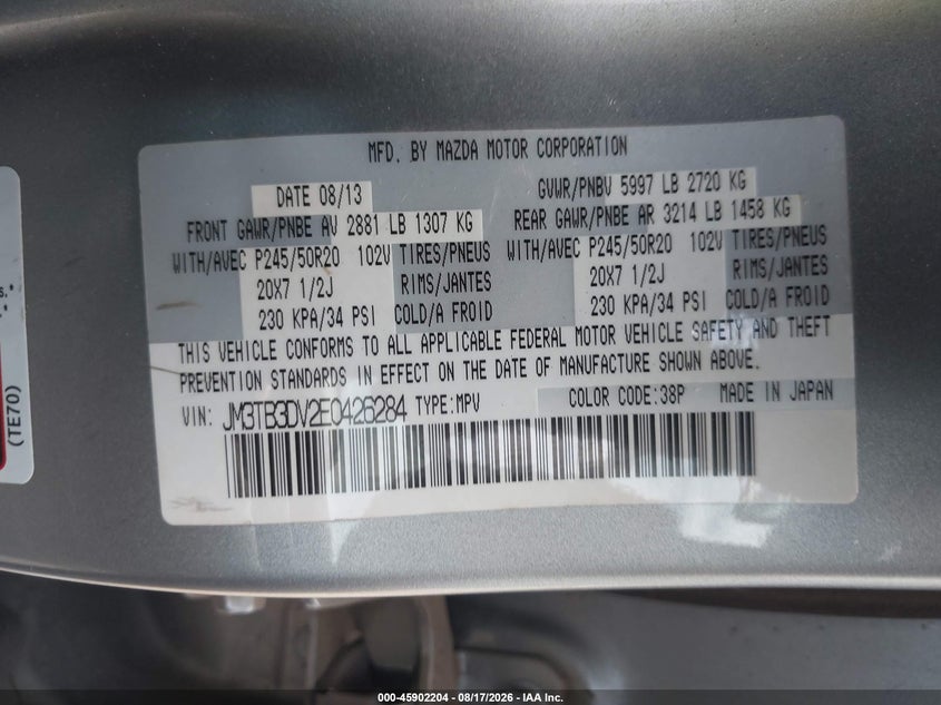 MAZDA CX-9 2014 VIN JM3TB3DV2E0426284