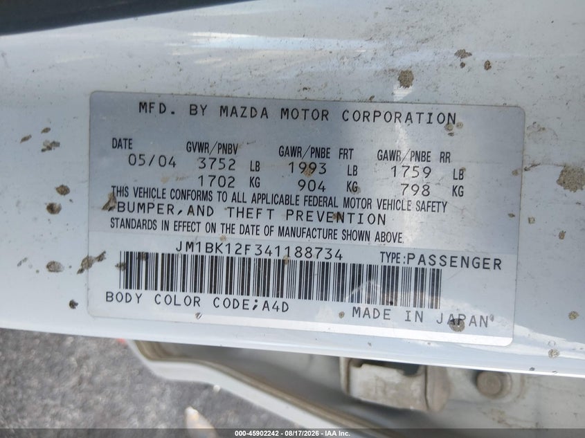 2004 MAZDA 3 SEDAN 2.0L I-4 DOHC, 148HP