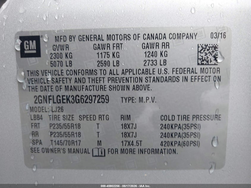 CHEVROLET EQUINOX 2016 VIN 2GNFLGEK3G6297259
