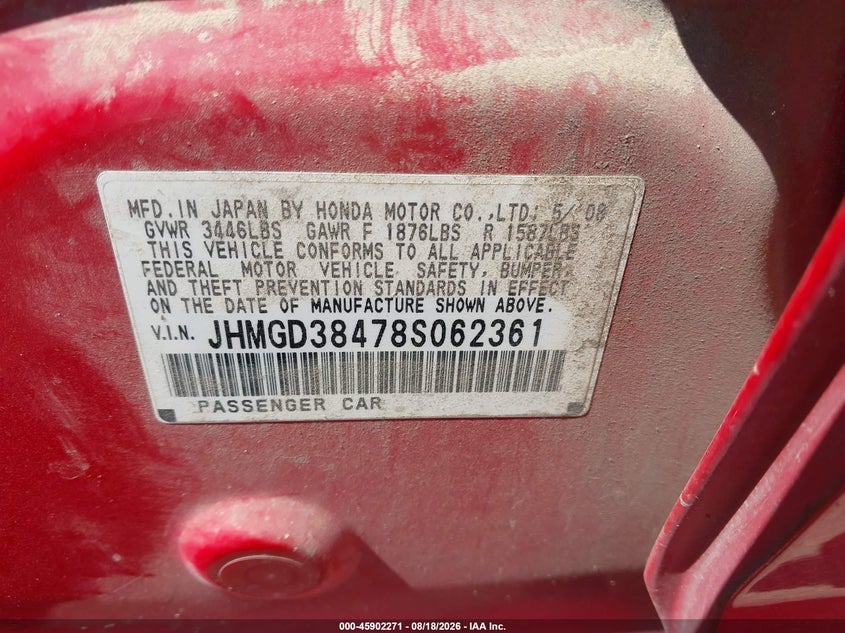 HONDA FIT 2008 VIN JHMGD38478S062361