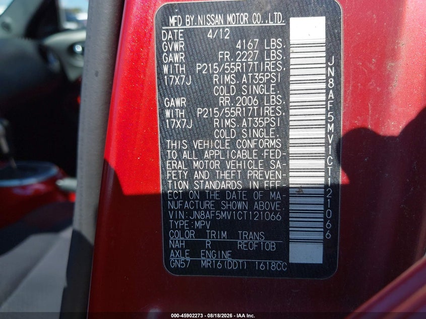 NISSAN JUKE 2012 VIN JN8AF5MV1CT121066