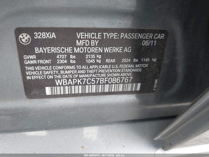 BMW 328I 2011 VIN WBAPK7C57BF086767