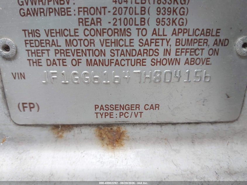 SUBARU IMPREZA 2007 VIN JF1GG61647H804156