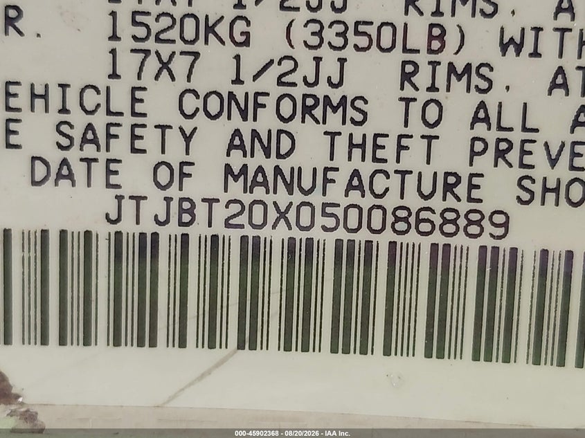 LEXUS GX 470 2005 VIN JTJBT20X050086889