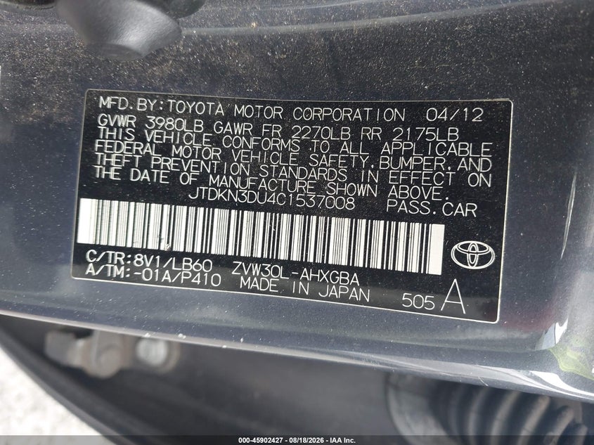 2012 TOYOTA PRIUS HATCHBACK 1.8L I-4 DOHC, VVT, 98HP