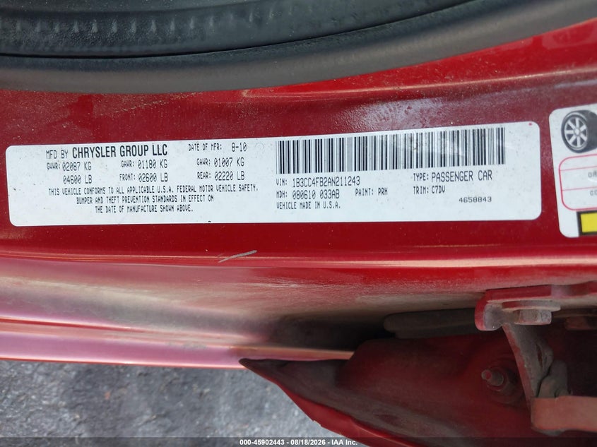 DODGE AVENGER 2010 VIN 1B3CC4FB2AN211243