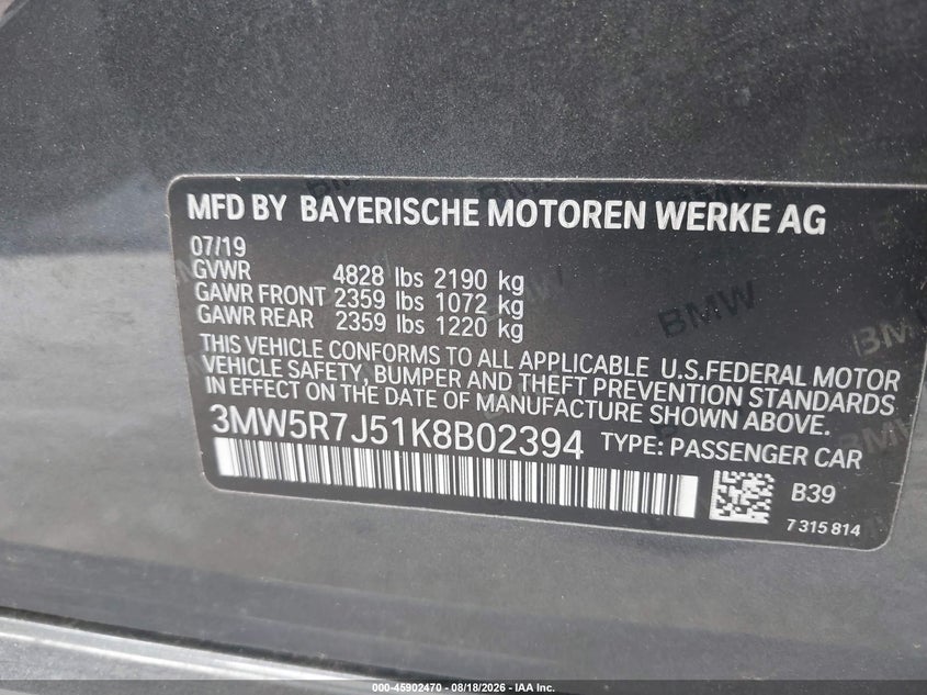 BMW 330I 2019 VIN 3MW5R7J51K8B02394